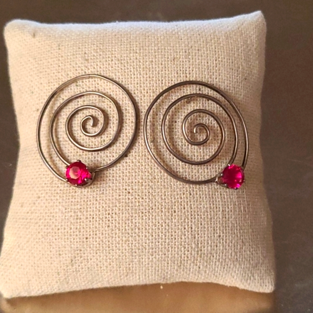 Stud Earrings Sterling Silver Spiral Shape Synthetic Ruby Handmade Eclectic Gift